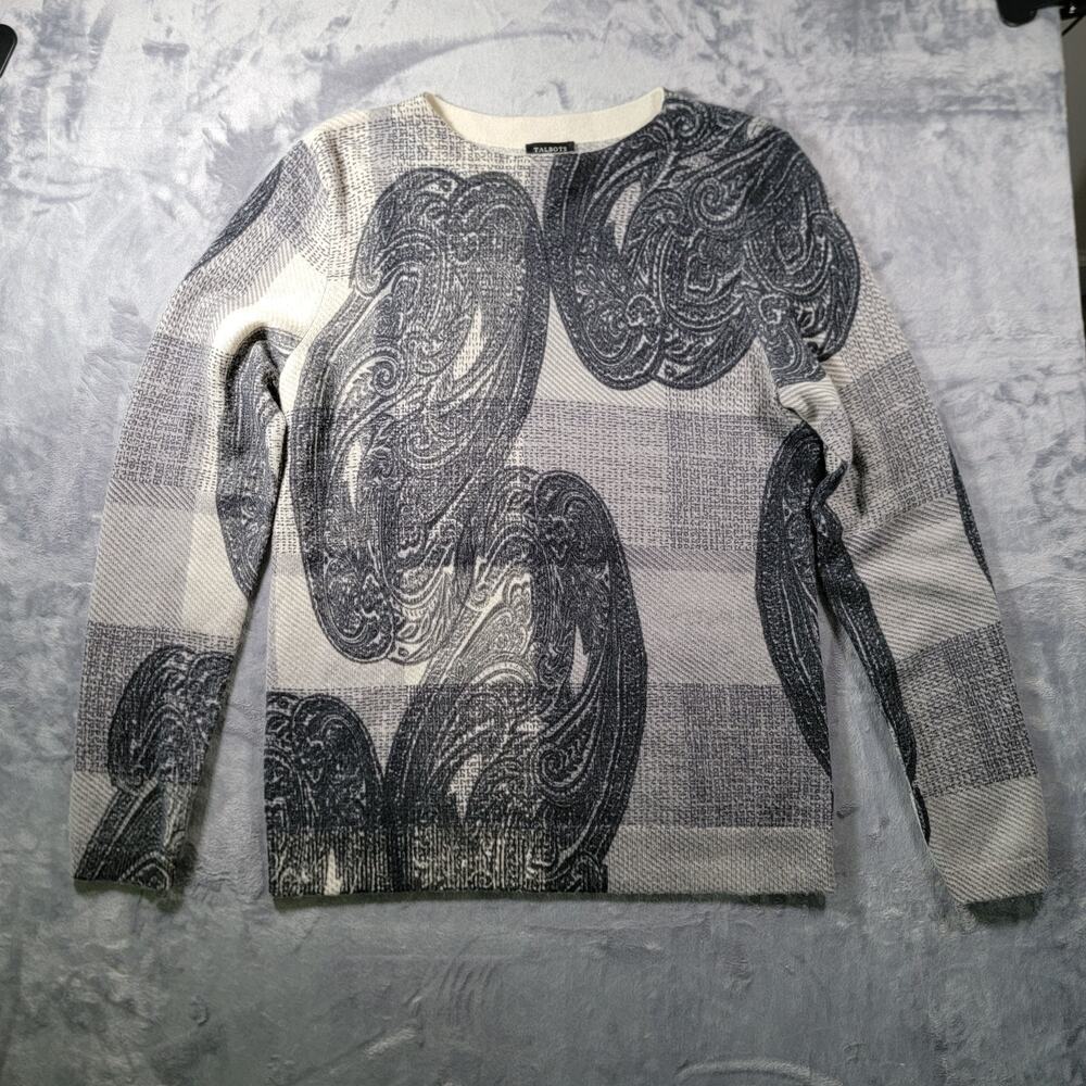 Talbots M Pure Cashmere Printed Paisley Crew Neck Pullover Sweater Gray